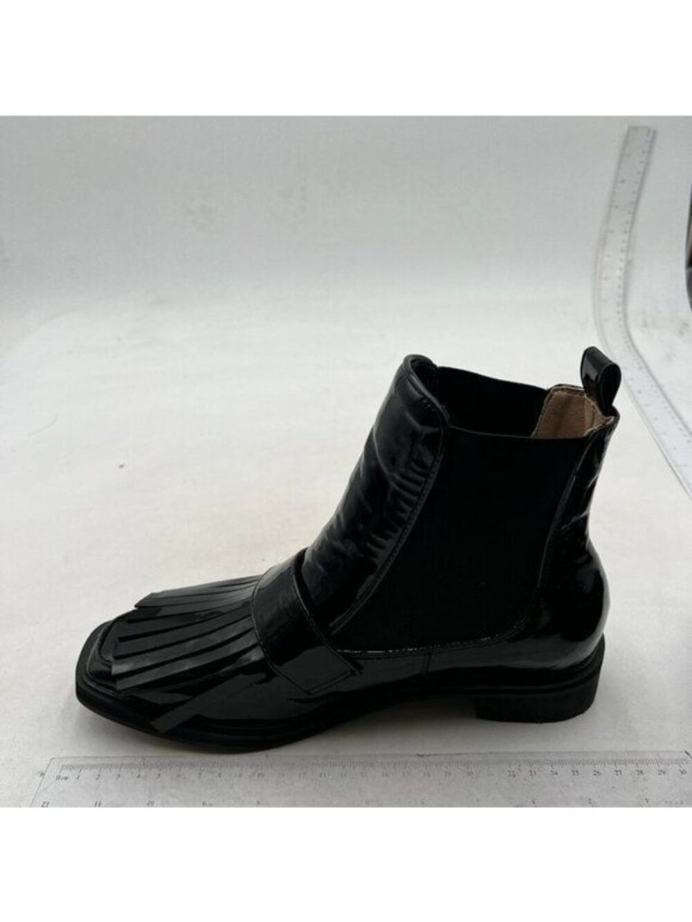 Women's Short Boots Leather Square Toe Tassels, Flats Black Boots